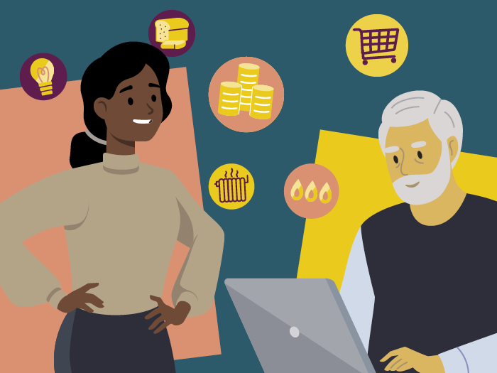 Graphic representing support with the cost of living, with an illustration of a woman standing and a man sitting at a computer and icons representing money, food and energy